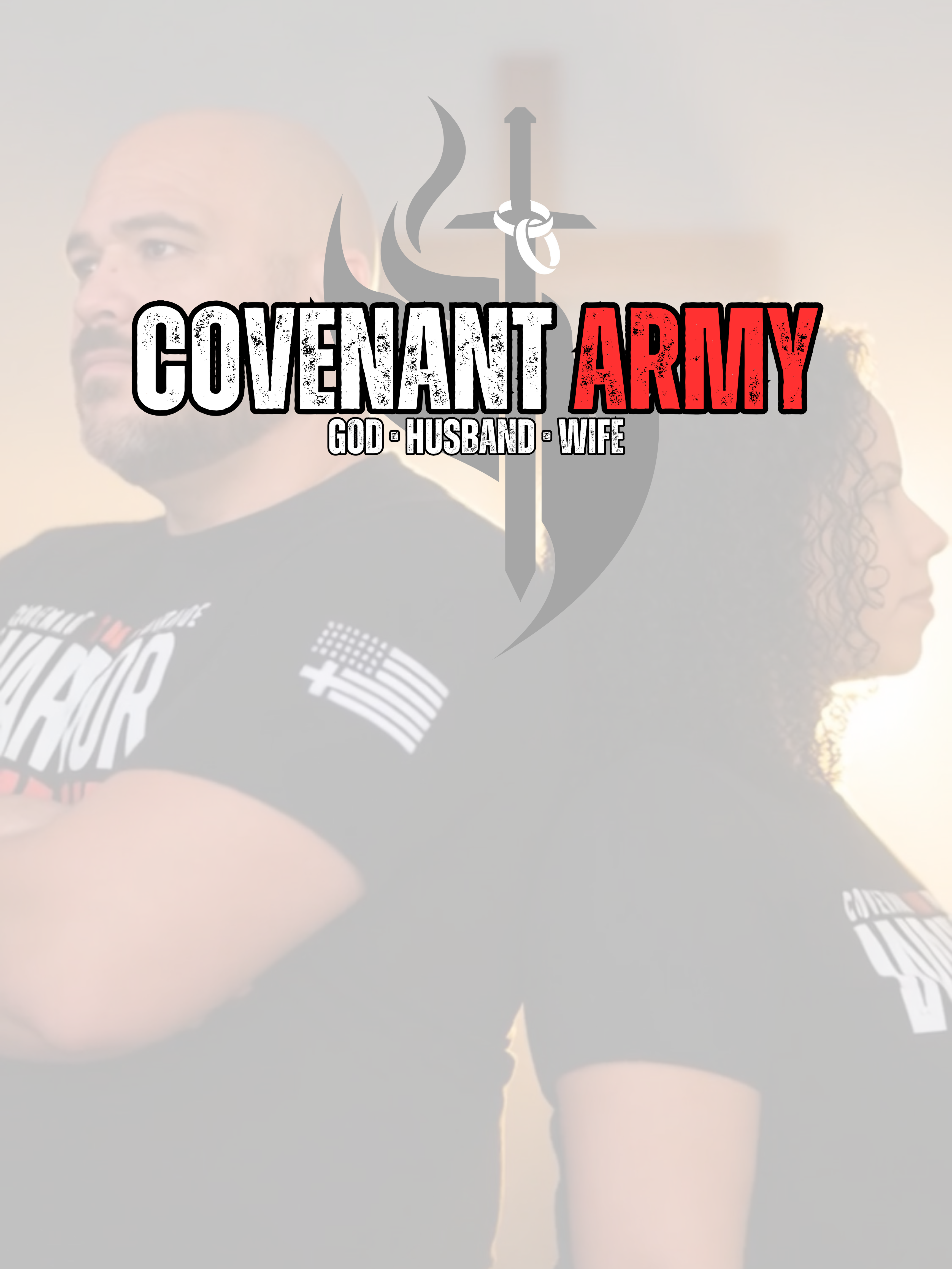 Two people wearing shirts with 'Covenant Army' text and design, featuring a sword graphic.